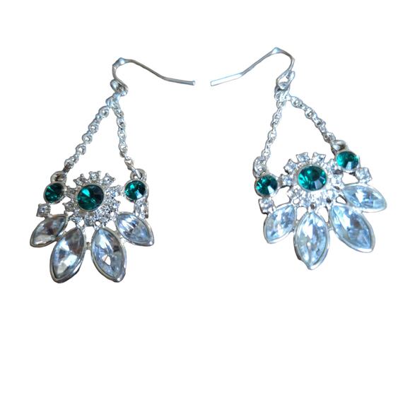 Statement Flower Rhinestone Earrings Clear/Green Silver Tone - Picture 1 of 4
